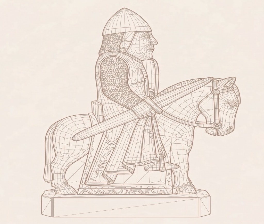 Sepia wireframe illustration of a mounted medieval knight